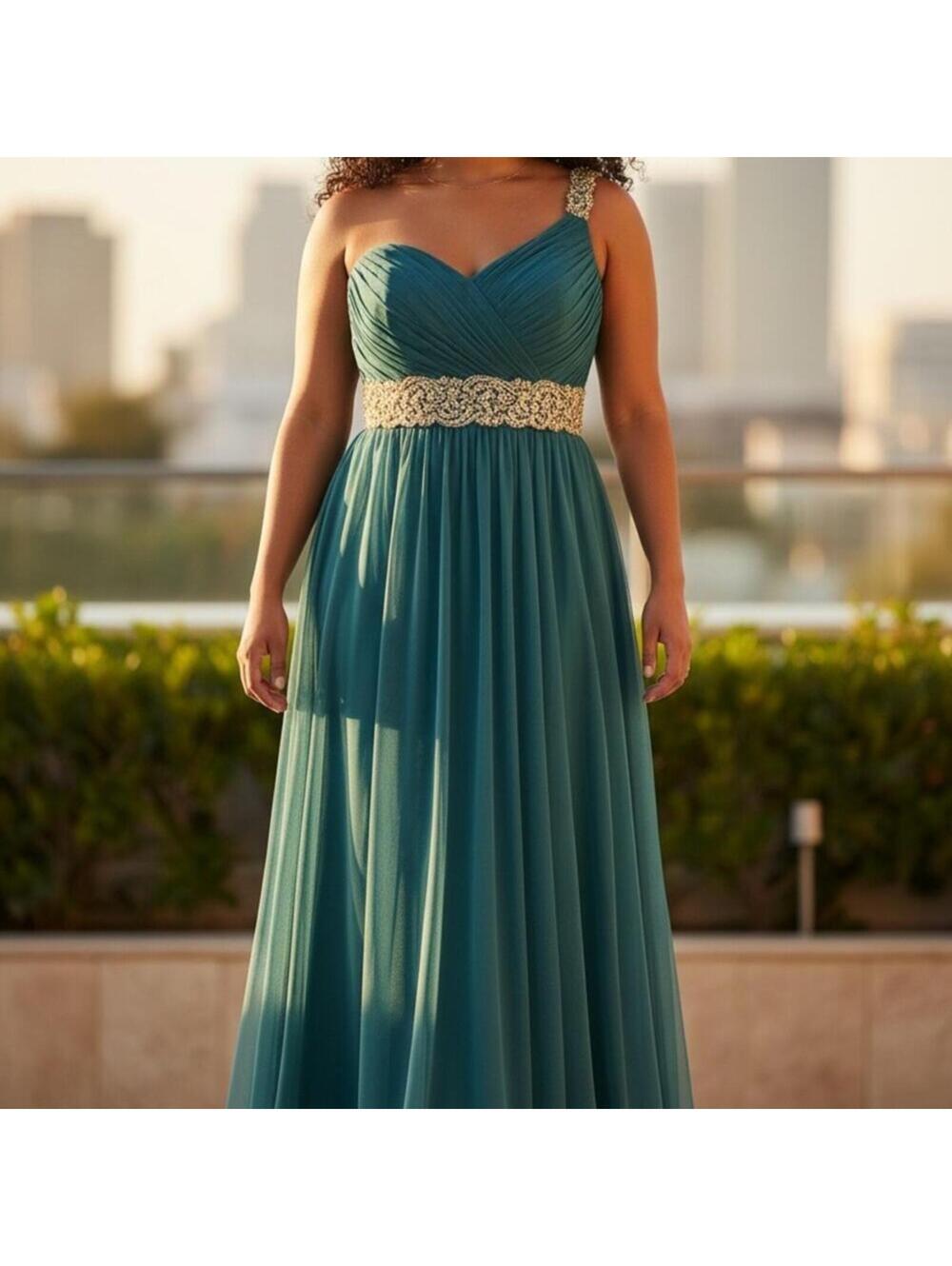 La Femme Teal One Shoulder Embellished Prom Gown Dress 12